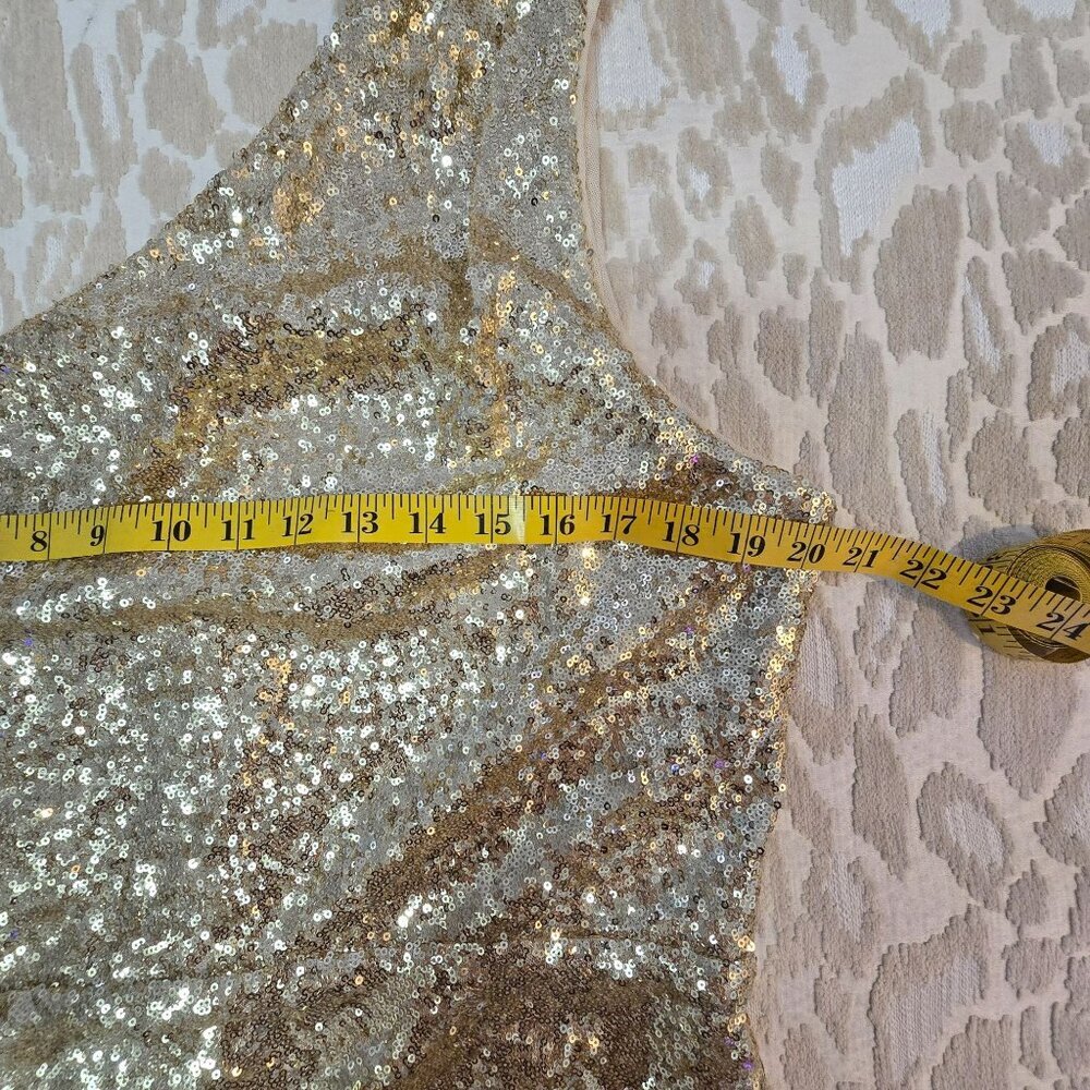 BCBGMAXAZRIA Gold Sequin One-Shoulder Mini Draped Side Cutout XL Holiday Party - Picture 12 of 16